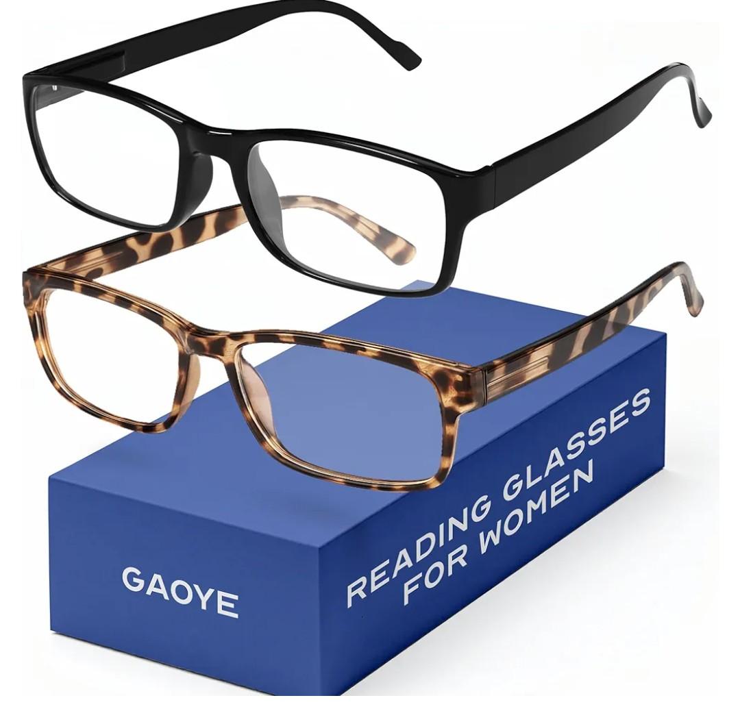 Gaoye +1.5 2-Pack of Reading Glasses for Women - Blue-Light Filter, UV Protection - Readers with Rectangle Frames