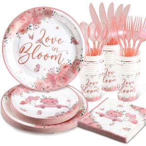 Love in Bloom Bridal Shower Decorations,168pcs Bridal Shower Plates and Napkins Sets Serves 24 for Pink Floral Wedding Party Supplies,Spring Love in Bloom Party Decorations, Baby Girl Shower