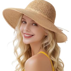 Beach Hats for Women - Straw Hat, Sun Hats for Women UPF 50+ UV Protection, Beach Hat Packable Foldable (Khaki)