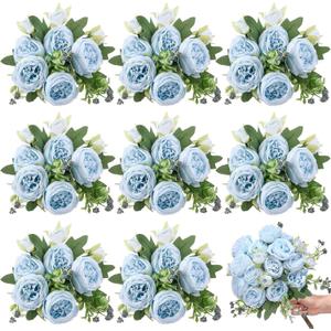 8 Bundles Artificial Peonies Flowers Boho Faux Flowers Arrangements Artificial Centerpiece Spring Bouquet Floral Wedding Decoration for Vase(Blue)