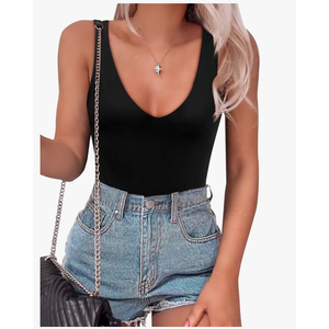 SAUNGKUAI Women’s Bodysuit Sexy Plunge Deep V Neck Backless Sleeveless Tank Thong Body Suits Outfits for Going Out, Size:L