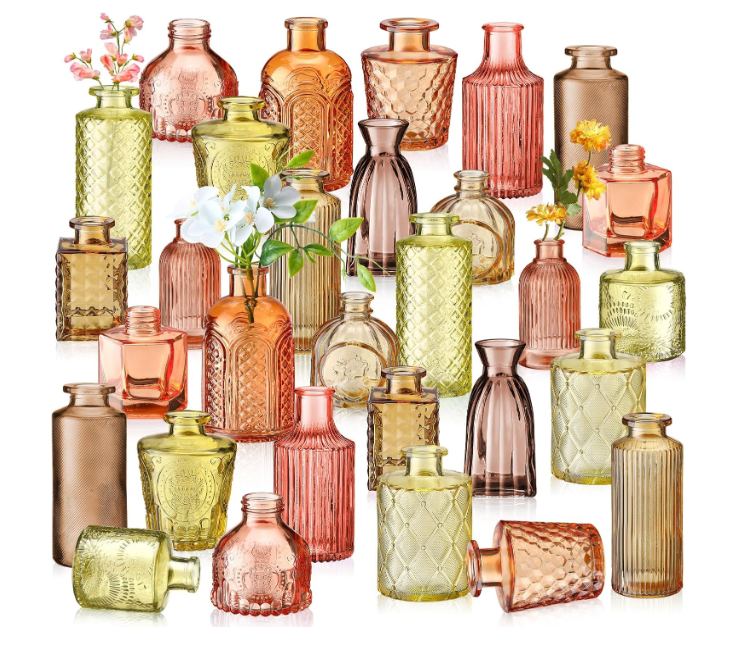 Yaomiao 30 Pcs Vases Bulk Colored Flower Glass Bud Vases Valentine Vintage Colored Glass Bottles Colorful Rustic Embossed for Home Wedding Table Decorations Gifts(Orange Yellow Series)