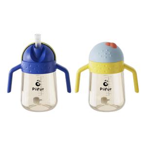 Piifur Weighted Straw Sippy Cup Spill Proof Water Bottle with Fixed Handle for Baby 6+ Months, 10 Ounce 2 Pack(Blue/Yellow)