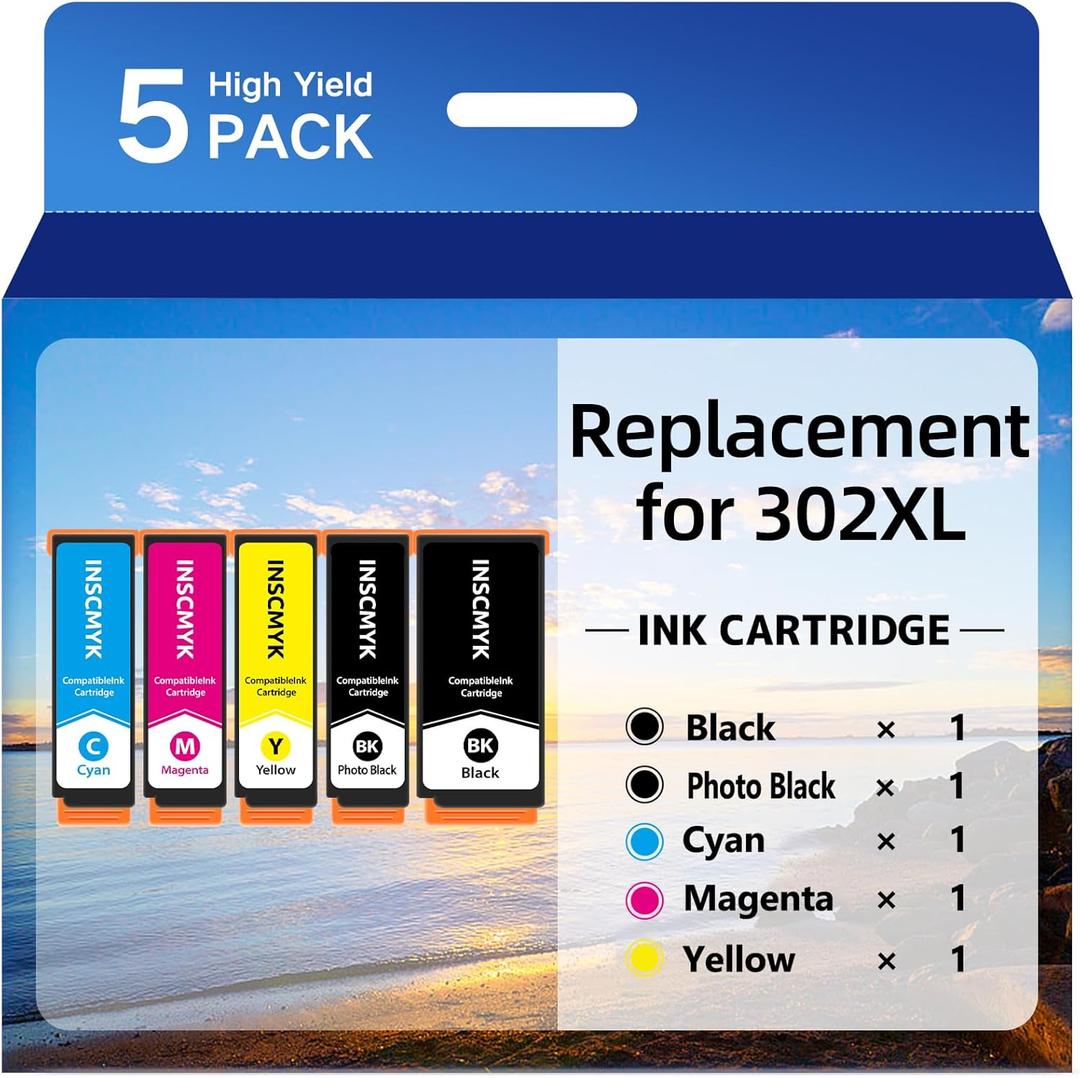 Replacement for 302XL Ink Cartridge High-Yield Remanufactured for Epson T302XL Ink Cartridges Ink Cartridges for Epson Expression Premium XP-6000 XP-6100 Printer (PBK/BK/C/M/Y, 5 Pack)