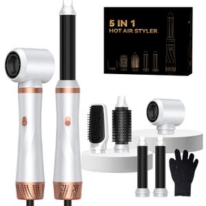 Hair Dryer Brush 5 in 1, Blow Dryer Brush Set with Air Curler Wrap Hair Styler, Negative Ionic Blow Dry Brush, Detachable Hair Tool for Curling, Volumizer,Straightener,Drying (White Rose Gold)