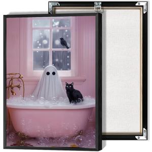 Halloween Pink Ghost Bubblebath Canvas Posters Bathroom Cute Ghost Black Cat Wall Art Goth Dark Academia Bubblebath Prints Painting For Living Room Bedroom Wall Decor 16x24in Unframed (16L" x 24W", Multi 14)