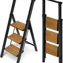 3 Step Ladder,Folding Step Stool with Aluminum Wide Pedal& Convenient Handgrip,330lbs Capacity Steel Ladder for Household and Office(Black &Woodgrain)