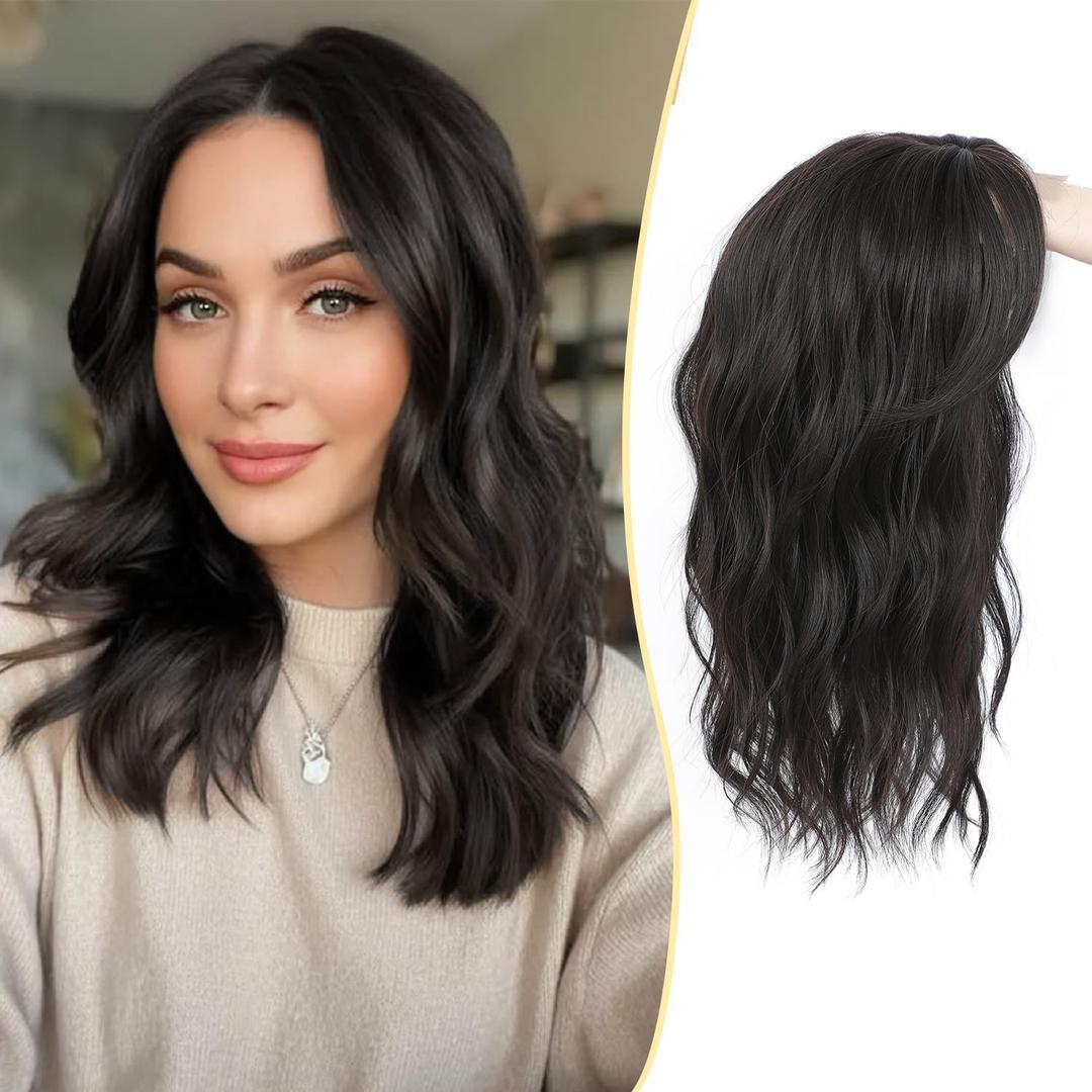 Ms Taj Hair Toppers for Women, 6.5''x6.5'' Toppers Lightweight Wiglet for Thinning Hair 16 Inch Synthetic Wavy Hairpiece Comfortable to Wear(Dark Brown)