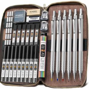 30PCS Silver Metal Mechanical Pencil Set in Leather Case, 0.5/0.7/0.9/2.0mm Art Drafting Pencils with 16 Tubes Graphite Leads (6B 4B 2B HB 2H 4H) & Colored Refills for Sketching, Drawing, Writing