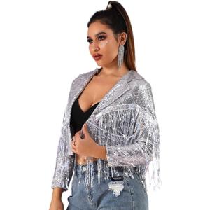 EVILD Fringe Jacket Silver Sequin Blazer Cowboy Outfits for Women (Large)
