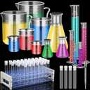 Baderke 40 Pcs Plastic Test Tubes with Rack 5 Pcs Graduated Cylinder 6 Pcs Plastic Beakers 3 Pcs Plastic Erlenmeyer Flask 10 Pcs Plastic Transfer Pipette for School Lab Party DIY