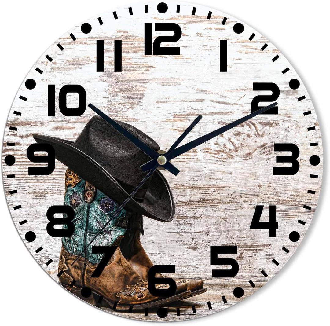 Cowboy Wall Clock Battery Operated American West Rodeo Black Cowboy Hat Wall Clock Silent Non Ticking Quality Quartz 10 Inch Round Easy Clock to Read for Home Office