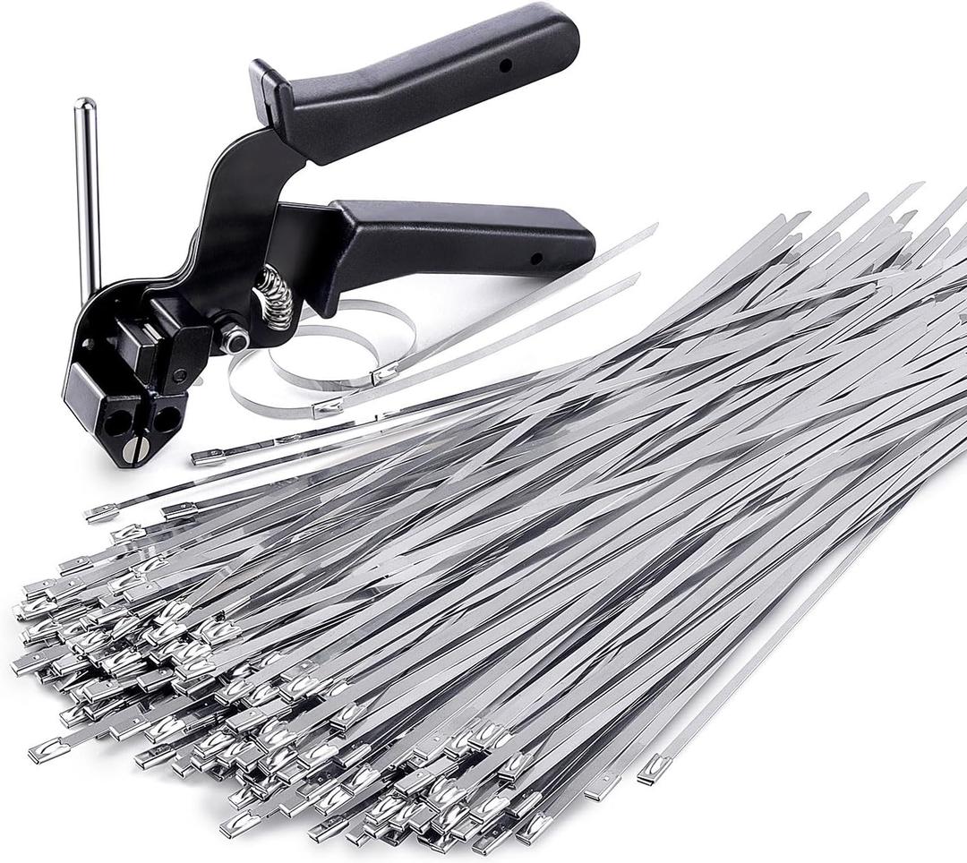 Stainless Steel Cable Tie Gun, Special Tool For Fastening And Cutting Metal Zip Ties, With 150pcs 11.8in Uv Resistant Heavy Duty Cable Ties For Fence Exhaust Pipe Outdoor.