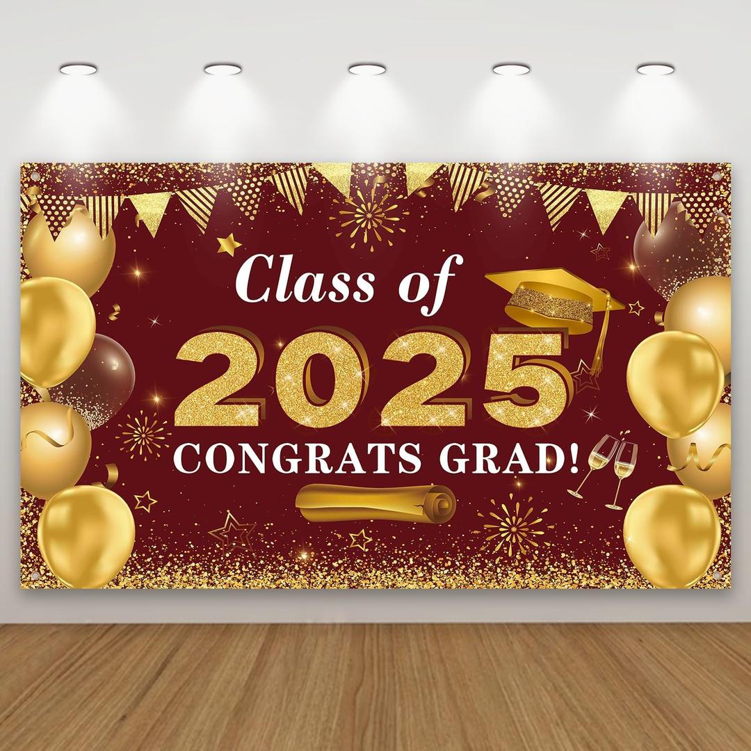 Graduation Decorations Congrats Grad Class of 2025 Backdrop - Maroon and Gold Grad Banner Background Photo Props Hanging Decorations for Indoor Outdoor 2025 Graduation Party Supplies(5X3ft)