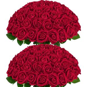 50 Pcs Red Roses Artificial Flowers, Real Touch Velvet Roses Bouquet Fake Flowers Bulk, Artificial Roses with Long Stems for Birthday Gift Women Mom DIY Bridal Wedding Centerpiece Decorations
