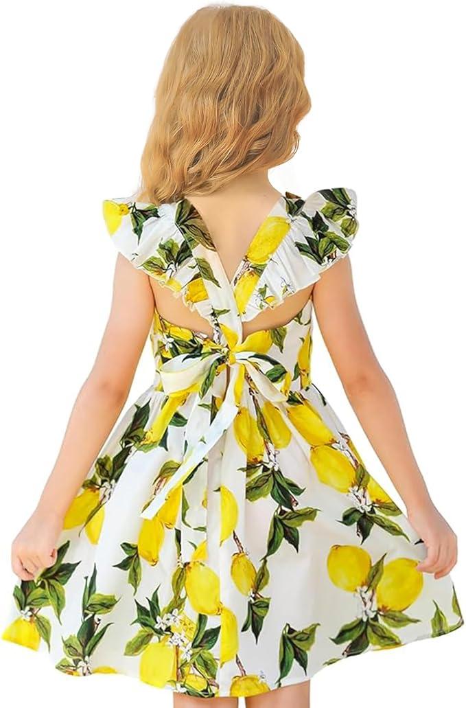 NNJXD Floral Girl Printed Dress Ruffles Sleeve Tie Back Summer Casual Sundress Toddler Kids Clothes, 5T