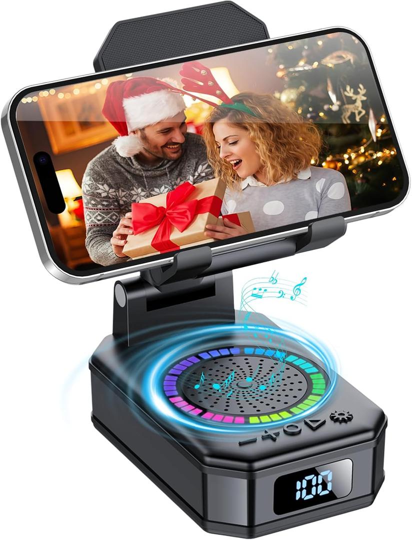 Gifts for Men Women, Cell Phone Stand with Wireless Bluetooth Speaker, Colorful LED Lights, Anti-Slip Base HD Surround Sound, Rechargeable (3000mAh), for Teens, Men, Women for Christmas (Black)