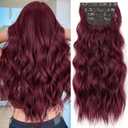 KooKaStyle Hair Extensions Burgundy Clip in Synthetic Highlight Hair Extensions Long Wavy 4PCS Thick Hairpieces 20 Inch for Women, 20 Inch, Burgundy