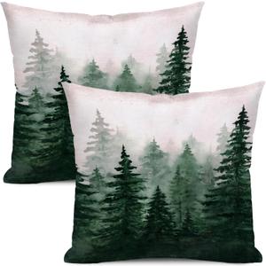 Flysea Sage Green Misty Forest Tree Throw Pillow Cover 18x18 inch Vintage Fir Plant Nature Mountain Scenery Case Outdoor Decorative Square Farmhouse Cushion Pillowcover Home Sofa Bed Couch, Set of 2