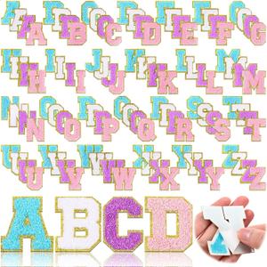 Jutom 104 Pcs Chenille Letter Patches Iron on Letters Patches Self Adhesive Chenille Embroidered Patch for Clothing(Classic,White, Pink, Purple, Blue)