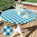 Smiry Round Picnic Tablecloth, Elastic Waterproof Fitted Vinyl Tablecloths for 36"-44" Tables, Flannel Backed Buffalo Plaid Table Cover for Dining, Camping, Outdoor, White and Turquoise