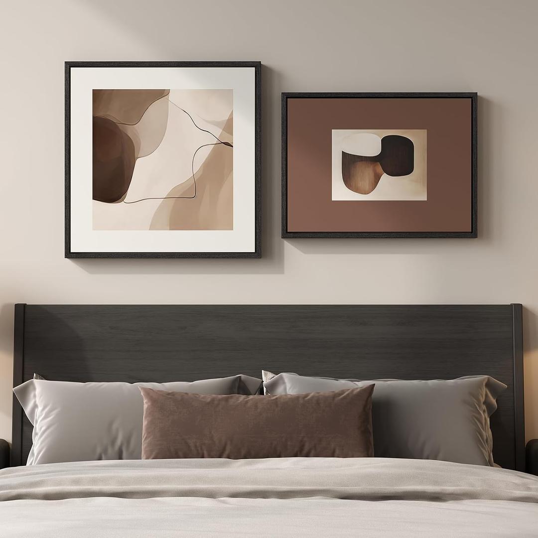 Framed Neutral Abstract Wall Art Set of 2 Bedroom, Minimalist Mid Century Modern Brown Canvas Artwork for Walls, Contemporary Print Earth Tone Wall Decor for Living Room Home Office, 24x24 & 24x18 In