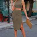HUUSA Elegant 2 Piece Brunch Dress for Women Vacation Sexy Sleeveles Summer Cocktail Party Skirts Set Round Neck High Waist Slim Tank Dress Deep Khaki XL (XL)