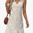 WDIRARA Women's Floral Textured Bow Tie Shoulder Short Dress Ruffle Sleeveless V Neck Tank Dresses S