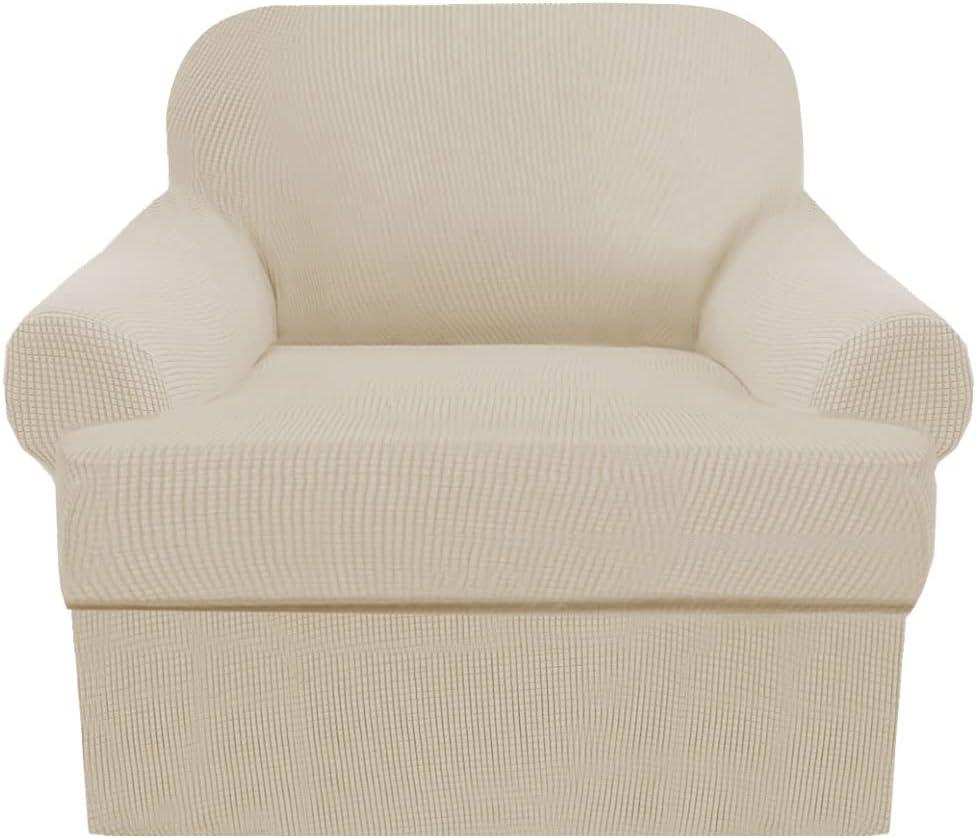 2-Piece T-Cushion Chair Slipcover Set Stretch Sofa Cover for T-Cushion Armchairs & Chairs (Fits Width Up to 47") Washable Furniture Protector with T-Shaped Seat Cover (Nature, Chair)