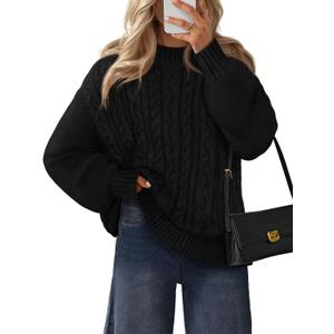 MEROKEETY Womens Fall Cable Knit Sweaters 2025 Long Lantern Sleeve Crewneck Chunky Loose Pullover Tops Winter Clothes (Black, S)