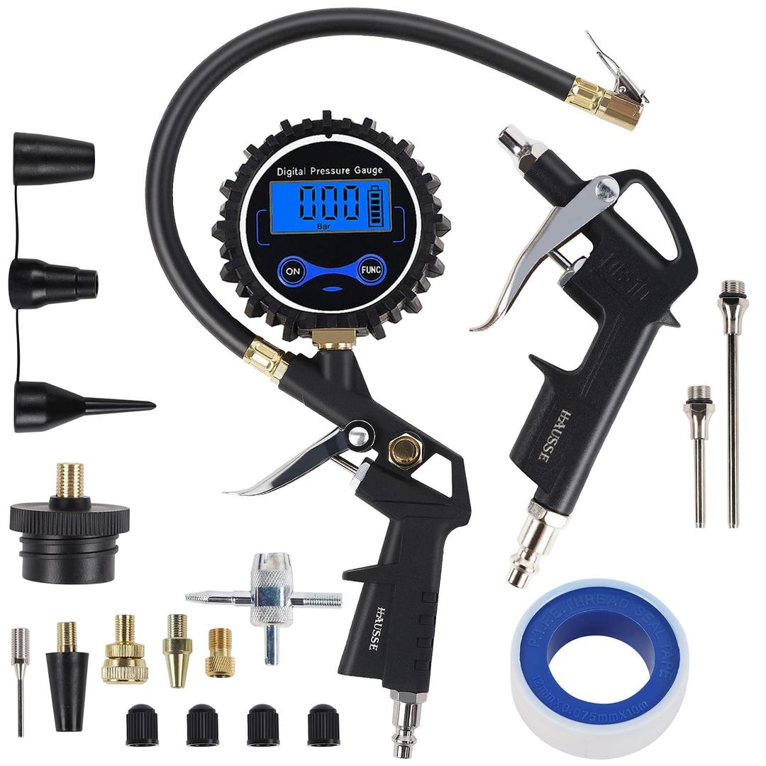 Hausse Heavy Duty Compressor Accessory Kit - Digital Tire Pressure Gauge with Inflator, Blow Gun and Hose Fittings, 1/4" NPT Air Tool Kit