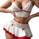 Women's 3 Piece Lingerie Set Floral Lace Bow Garter Babydoll Lingerie Skirt Set (Medium, Red and White)