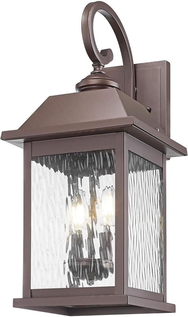 Large Outdoor Wall Light Lantern Sconce Anti-Rust Outdoor Wall Mount Light for Front Porch E12 Socket Patio Lighting Fixture with Water Rippled Glass for Garage(Oil Rubbed Bronze, 21.65 Inch Height)