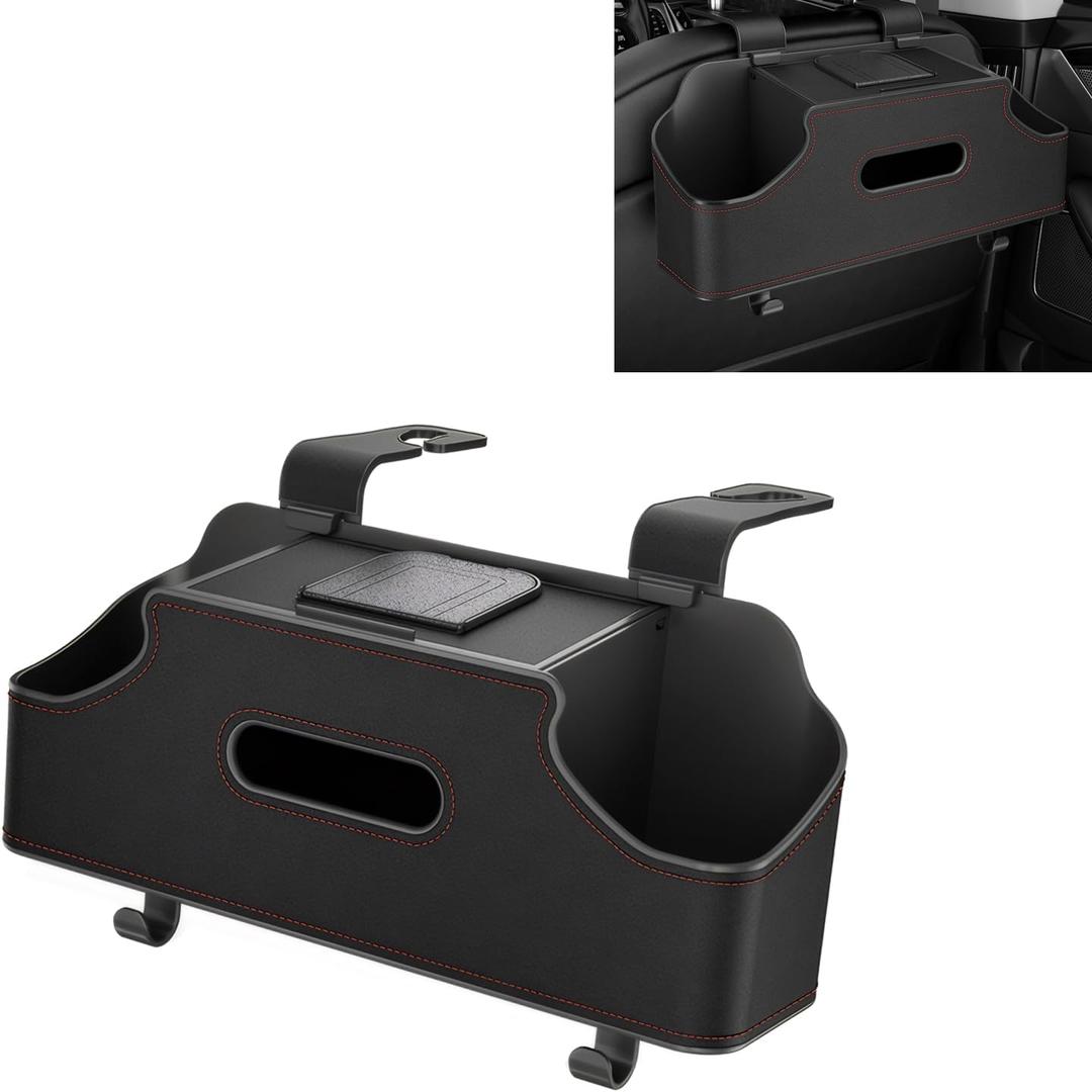 Car Organizer, Car Back Seat Organizer with 2 Drink Cup Holder, Leather Car Storage Box with Tissue Pouch, Multi-functional Behind Seat Storage Case, Universal for Most Vehicles (Black) (1 PC)