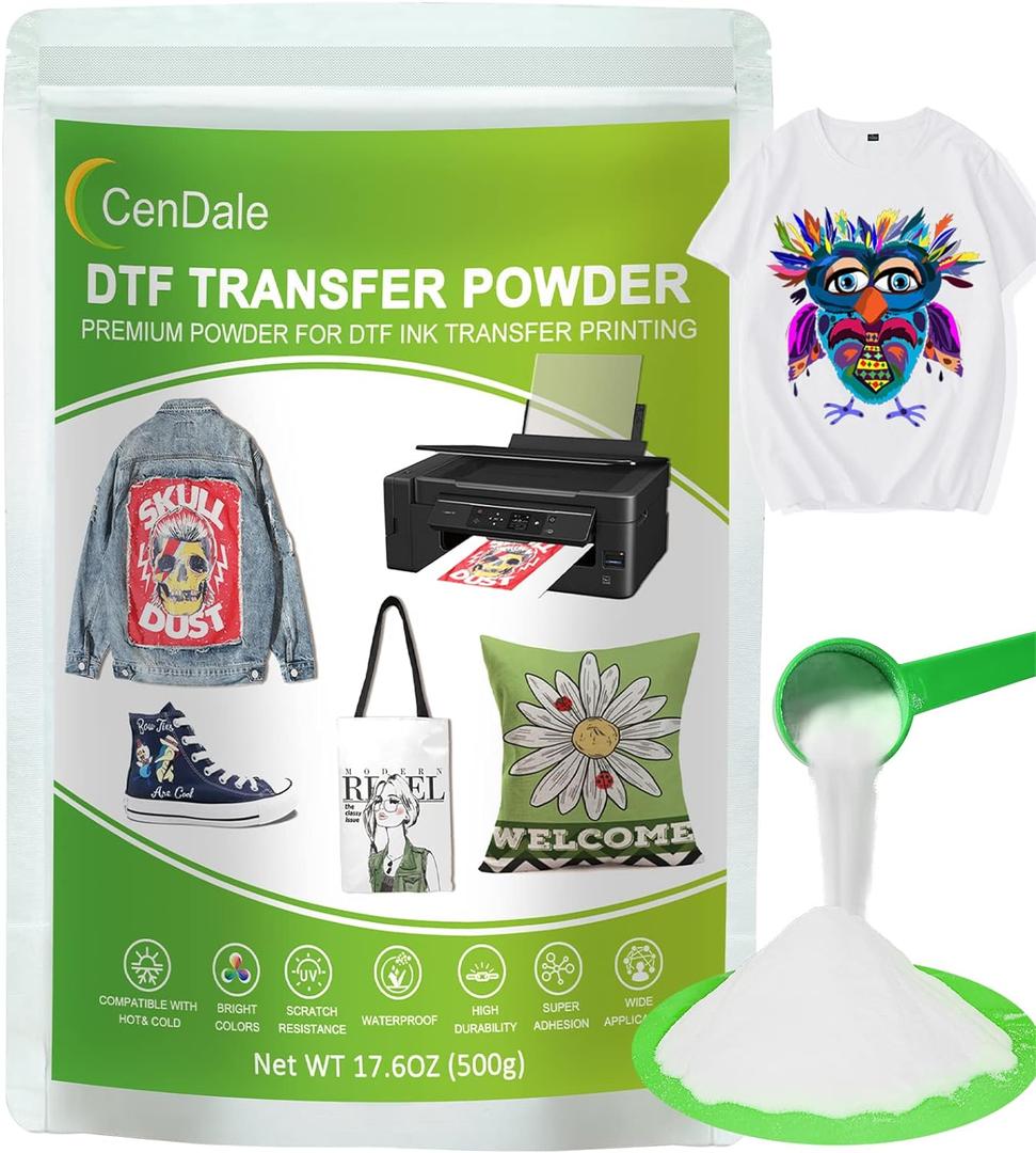 CenDale DTF Powder, 500g/17.6OZ White Hot Melt Adhesive Digital DTF Transfer Powder for Sublimation, Compatible with DTF and DTG Printers, DTF PreTreat Powder for All Fabric Jeans Cotton T-Shirt