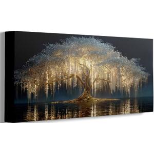 Large Tree of Life Canvas Wall Art Abstract Black and Gold Tree of Life Picture Wall Decor Nordic Gold White Flowers Poster Print Artwork For large living room Bedroom Office Hallway Home Decoration (40"L x 20"W)
