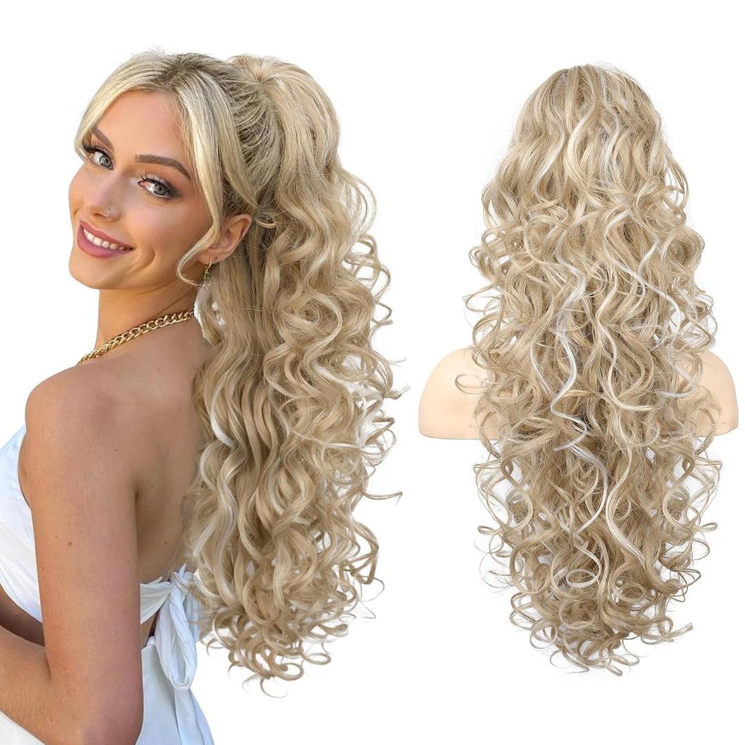 SEIKEA Ponytail Extension, 24" Fluffy Long Wavy Curly Claw Clip Hair Extensions Ponytail Multi-layered Clip in Fake Pony Tails Natural Soft Synthetic Hairpiece Ash Blonde with Highlights