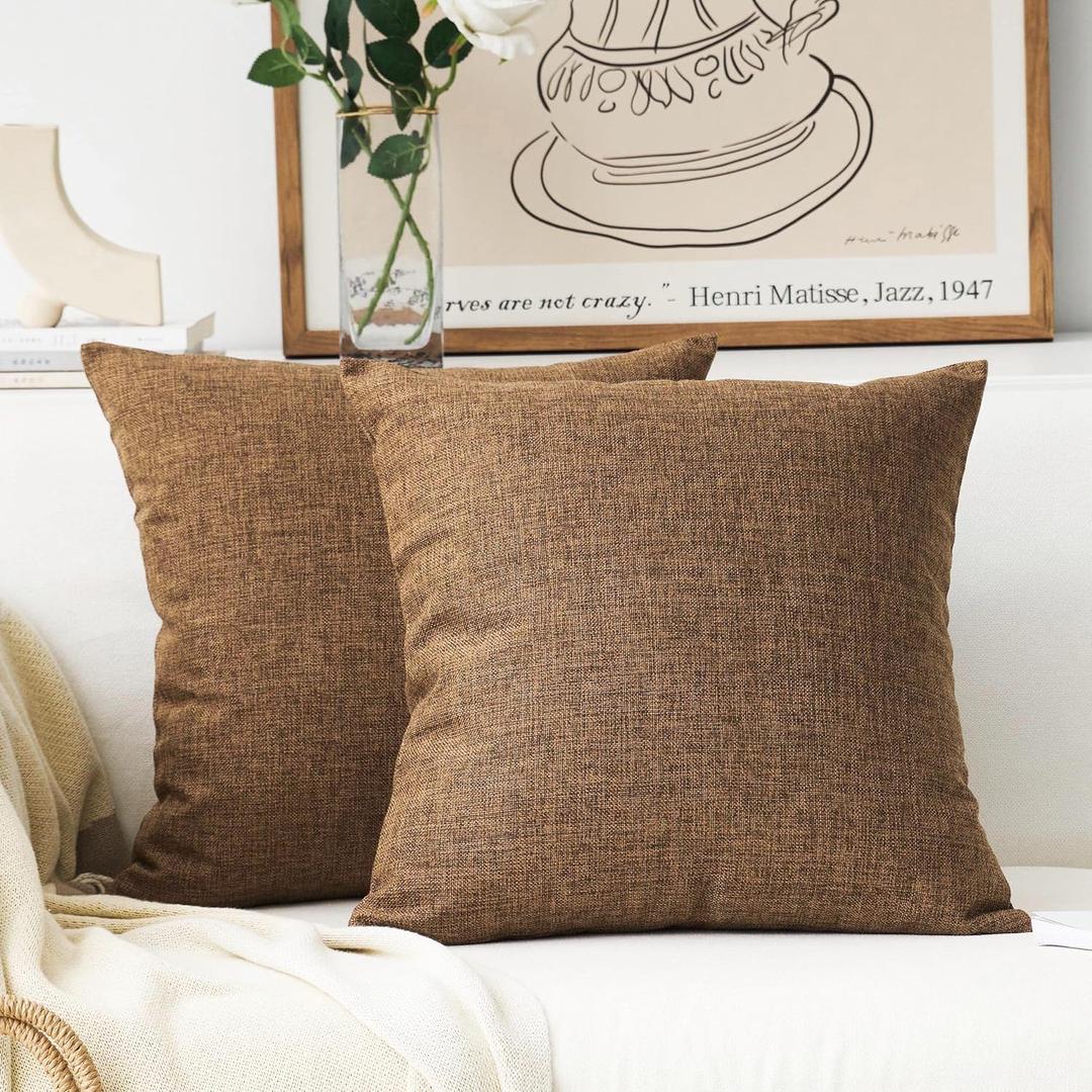 Home Brilliant Decorative Throw Pillow Covers Faux Linen Cushion Covers for Bed Couch Sofa Bench, 18x18 inches(45cm), Brown