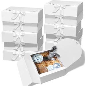 BoShahai 10 PCS Gift Boxes with Lids, 10.6x7.8x3.1 Inch Kraft Paper Gift Box, White with Ribbon, Bridesmaid Proposal Box for Wedding, Packaging, Present, Birthday, Cupcake