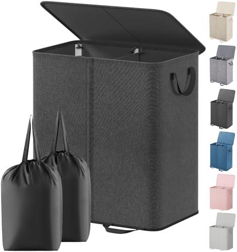 Lifewit Double Laundry Hamper with Lid and Removable Laundry Bags, Large Collapsible 2 Dividers Dirty Clothes Basket with Handles for Bedroom, Laundry Room, Closet, Bathroom, College, 136L Black