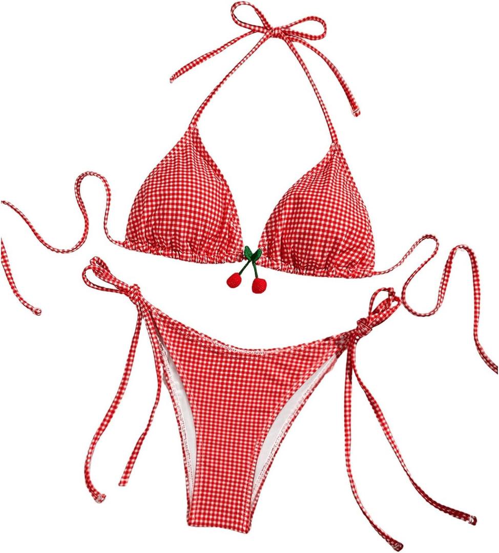 SHENHE Women's Checkered Swimsuits 2 Pieces Halter Triangle Plaid Cheeky Bikini Set, Size XS