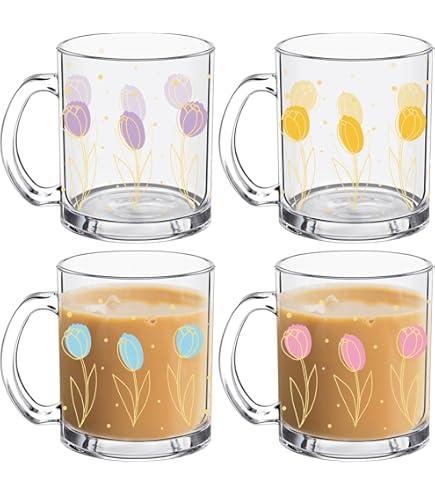 4 Pcs Fall Floral Coffee Mugs 12 oz Flower Glass Cups with Handle Thanksgiving Floral Coffee Cup Autumn Mug Sweet Fall Gifts Drinking Containers for Harvest Holiday Party