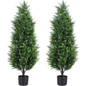 4FT Tall Artificial Cedar Topiary Trees Set of 2, Artificial UV Resistant Potted Plants, Faux Bushes Fake Shrubs for Outdoor Indoor Home Entryway Front Porch Garden Patio Offices Living Room Decor