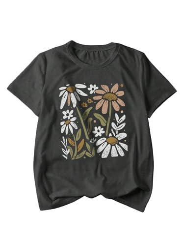 SweatyRocks Women's Floral Print Graphic T Shirts Crewneck Short Sleeve Summer Tee Tops Dark Grey Large