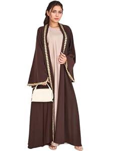 Women's Ethnic Heart Embroidery Muslim Abaya Open Kimono Cardigan Jalabiya M