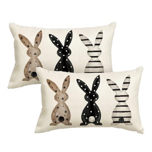 AVOIN colorlife Easter Rabbits Black Throw Pillow Covers, 12 x 20 Inch Bunny Polka Dot Stripes Cushion Case Decoration for Sofa Couch Set of 2