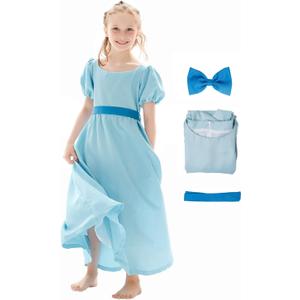 Kids Blue Dress Costume Cosplay Girls Princess Dress Summer Dress Blue Skirt Belt Bow Headwear Outfit Halloween Suit, Medium