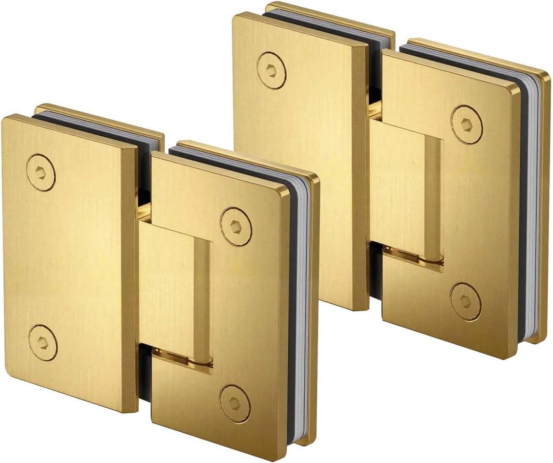 180 Degree Glass Shower Door Hinges, Heavy Duty Brushed Gold Glass Door Hinge for Bathroom, 2 PCS 304 Stainless Steel Shower Door Hinges for 1/4" to 1/2" Frameless Shower Door
