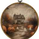 XPH Vintage Halloween Fall Pumpkin Round Wall Art Framed, Retro Country Cabin Ghost Pumpkin Circle Wall Decor, Rustic Autumn Hanging Canvas Prints for Home Bedroom Living Room Decoration, 10x10 Inch (Colour06)