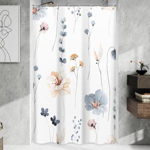 WITHLOC Waterproof Shower Curtain Set with Hooks - Watercolor Blue Beige Floral Plant Shower Curtains for Bathroom, 54 x 72